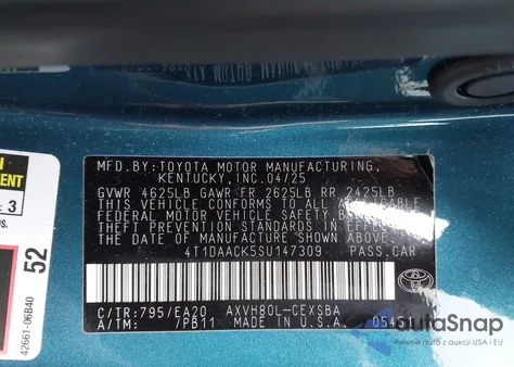 2025 Toyota Camry Se from USA, damaged, VIN 4T1DAACK5SU147309